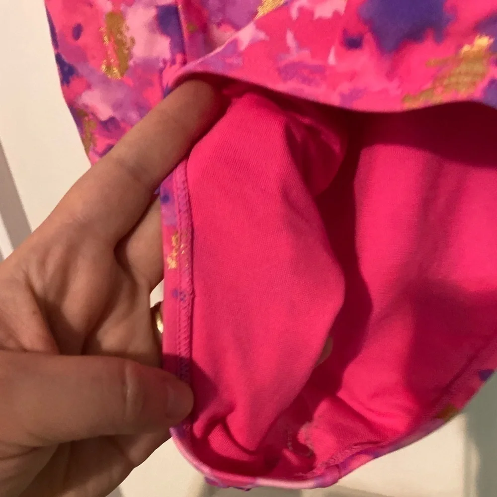 justice Sz 12 Plus Girls One Piece Bathing Suit Pink Purple Gold Swim Wear GUC